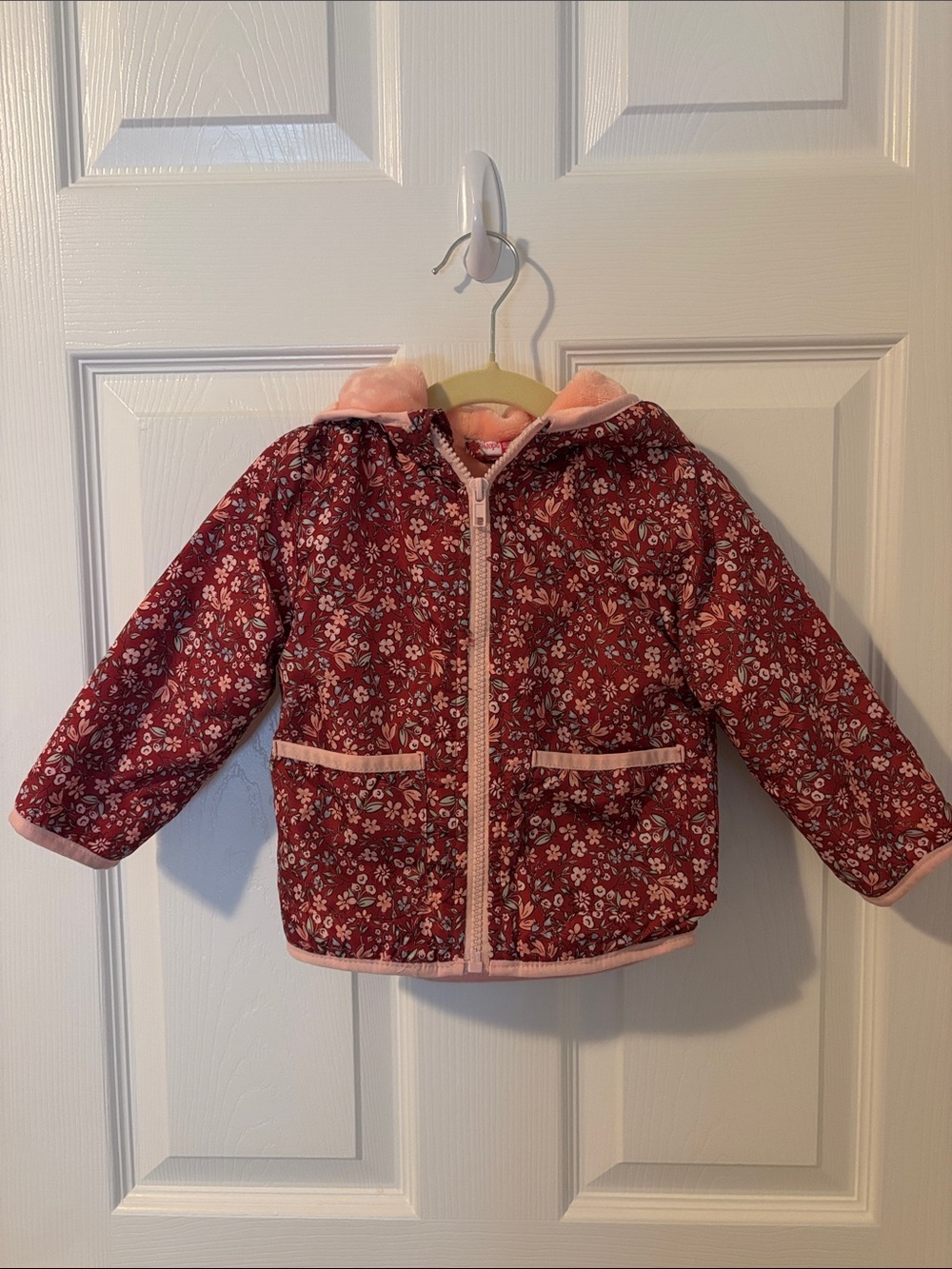Baby Girl Floral Hooded Puffer Jacket - Burgundy and Pink